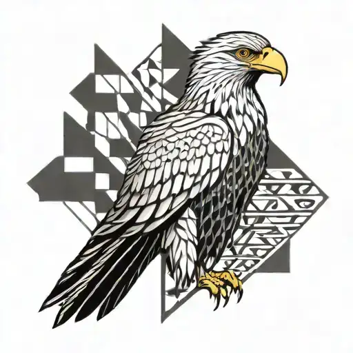 A geometric interpretation of an eagle's silhouette filled with patterns inspired by the Philippine flag, set against a musical staff background tattoo design idea