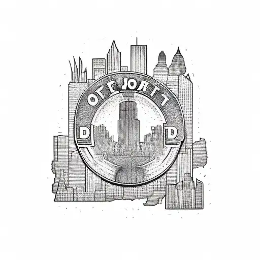 the detroit old english "D" with a city skyline in the middle tattoo design idea