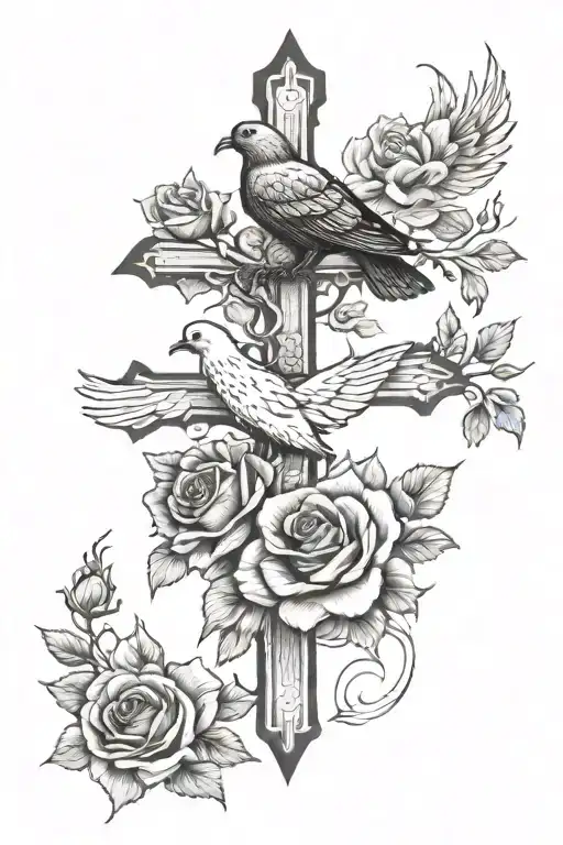 cross with roses growing up it and a dove on one side and a raven on the otherside tattoo design idea