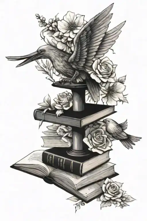 caduceus with bird wings spread wide in open book atop stack of books surrounded by flowers tattoo design idea