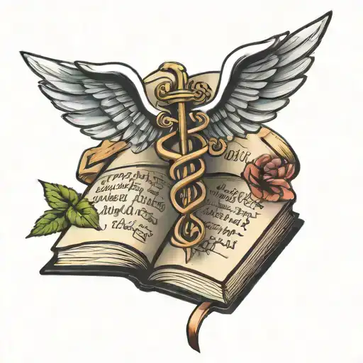 caduceus in open book open in front tattoo design idea