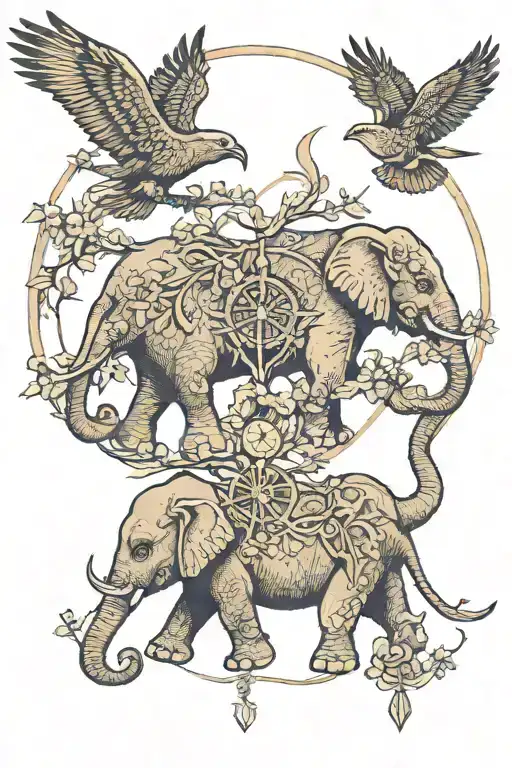 two elephants holding trunks with a falcon flying over with a tree and a compass  tattoo design idea