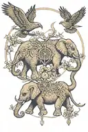 two elephants holding trunks with a falcon flying over with a tree and a compass  tattoo design idea