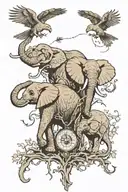 two elephants holding trunks with a falcon flying over with a tree and a compass  tattoo design idea