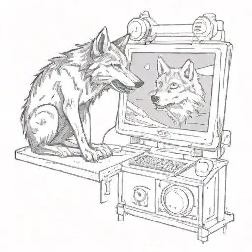 A sketch tattoo of a wolf howling at a computer screen displaying anime scenes tattoo design idea
