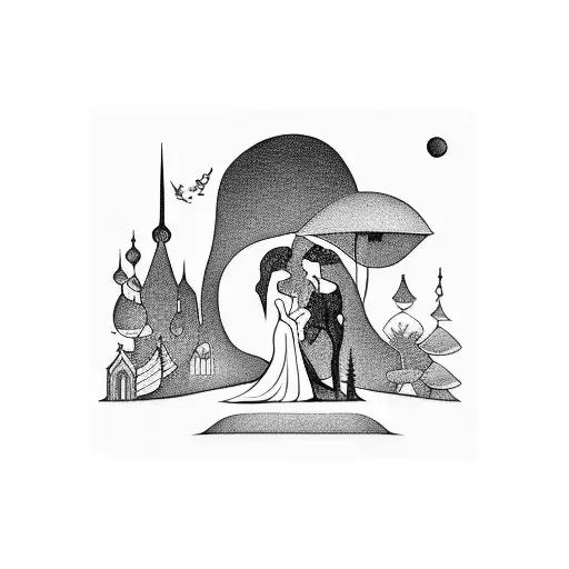 Depict a romantic scene from a favorite movie in a blackwork style tattoo design idea