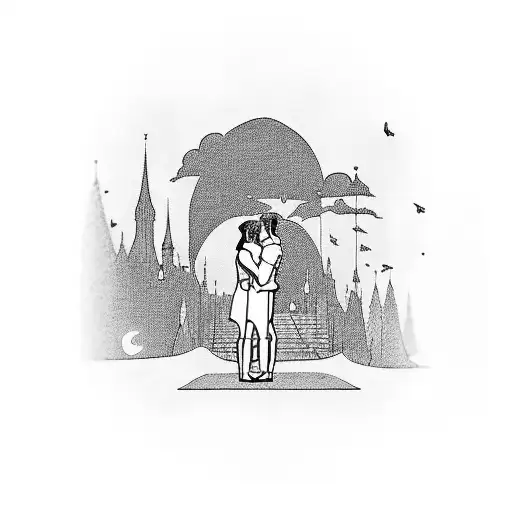 Depict a romantic scene from a favorite movie in a blackwork style tattoo design idea