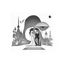 Depict a romantic scene from a favorite movie in a blackwork style tattoo design idea