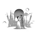 Depict a romantic scene from a favorite movie in a blackwork style tattoo design idea