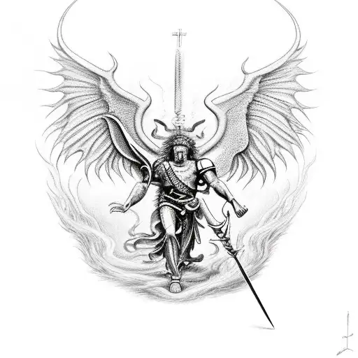 Depiction of Saint Michael battling a red dragon jn the garden of eden tattoo design idea