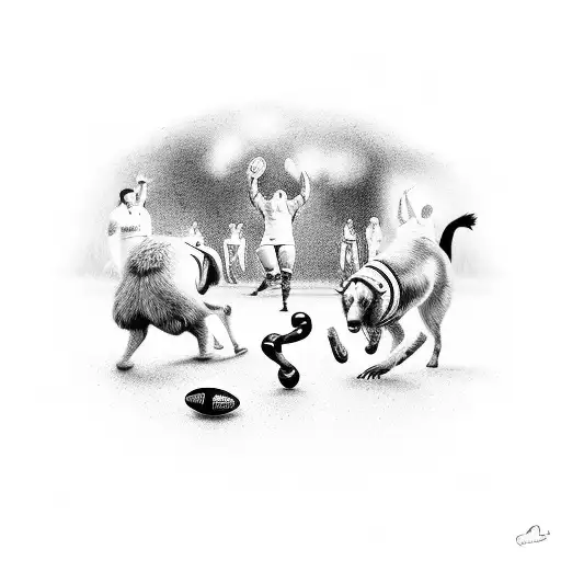 A surreal scene of a rugby match taking place on a dance floor, with animals and CrossFit equipment scattered around, all in a dream-like setting tattoo design idea
