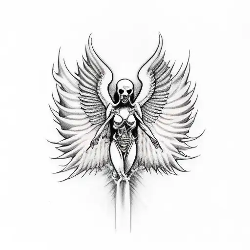 a angel of death holdin a atomic bomb witht the text " Iam become death the destroyer of worlds" tattoo design idea