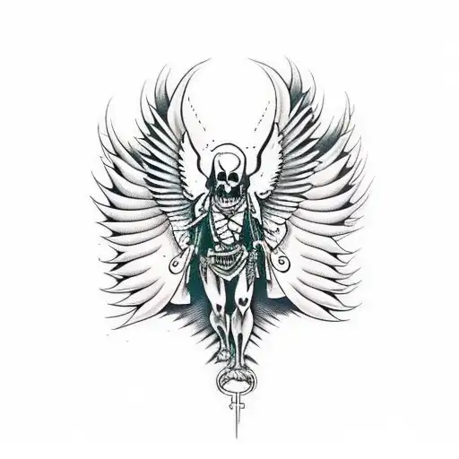 add the text " iam death" on a scroll that the angel holds tattoo design idea