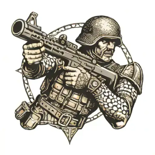 A dotwork tattoo of a soldier in a shooting stance, with intricate patchwork patterns creating a camouflage effect on the uniform tattoo design idea