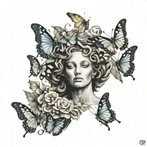 Medusa holding a semi colon surrounded by butterflies  tattoo design idea