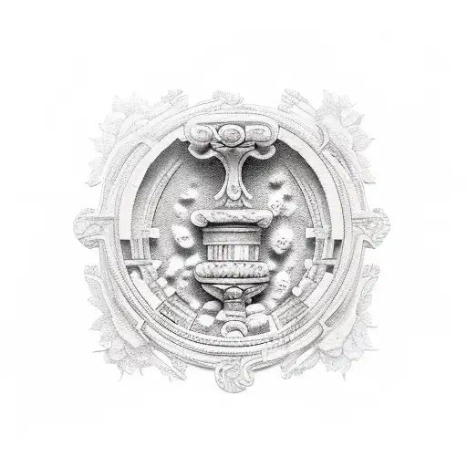 athenea godess,  greek columns and botanic tattoo design idea