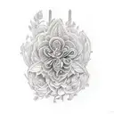 athenea godess,  greek columns and botanic tattoo design idea