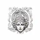 athenea godess,  greek columns and botanic tattoo design idea