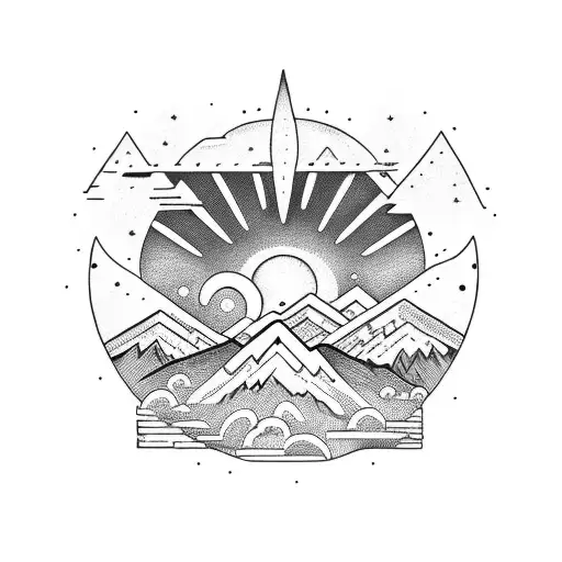 Mountains with moon and stars and sun and small bicycle and the number 25 in roman letters tattoo design idea