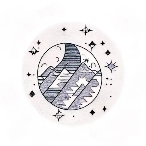 mountain with moon and stars and sun and the number 25 and a bicycle tattoo design idea