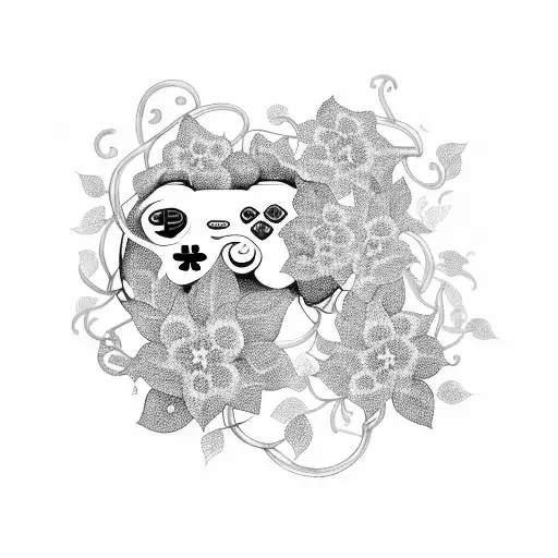 A black and grey tattoo of a video game controller entangled in vines and flowers tattoo design idea