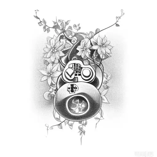 A black and grey tattoo of a video game controller entangled in vines and flowers tattoo design idea