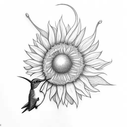A delicate hummingbird perched on a vibrant sunflower tattoo design idea