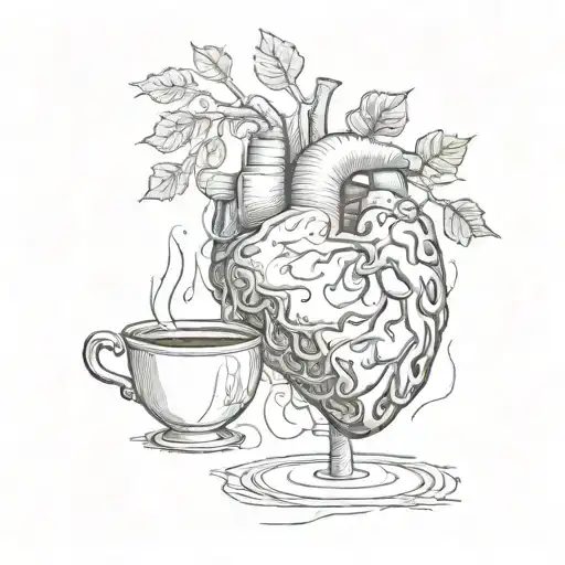 A human heart in its natural form drinks a glass of wine and on the other hand a human brain in its natural form drinks a cup of coffee tattoo design idea