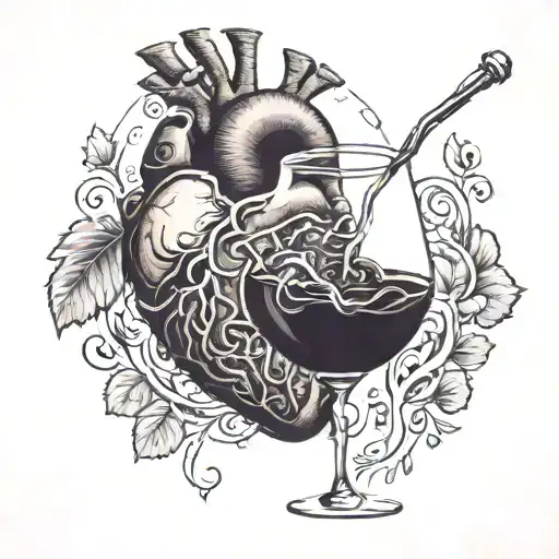 A human heart in its natural form drinking a glass of red wine. On the other hand, a human brain in its natural form drinks a cup of coffee. tattoo design idea