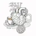 A human heart in its natural form drinks a glass of wine and on the other hand a human brain in its natural form drinks a cup of coffee tattoo design idea