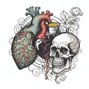 A human heart in its natural form drinking a glass of red wine. On the other hand, a human brain in its natural form drinks a cup of coffee. tattoo design idea