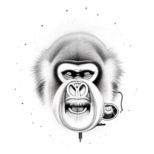 screaming mandrill face rising out of a gramophone that has a melting vinyl record playing on it tattoo design idea