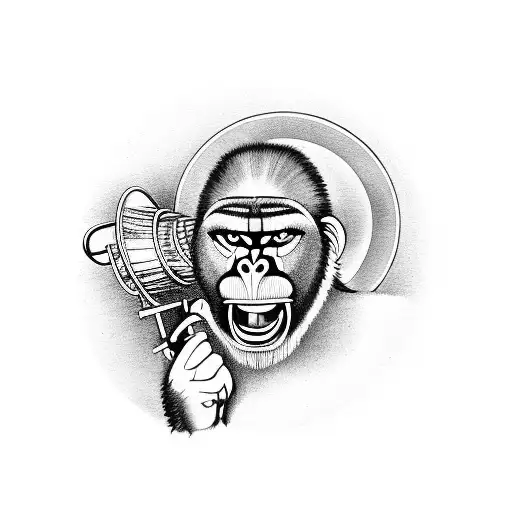 screaming mandrill face rising out of a gramophone that has a melting vinyl record playing on it tattoo design idea