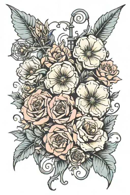 industrial dystopia entwined with whimsical pastel flowers tattoo design idea