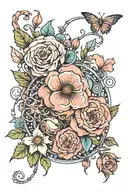industrial dystopia entwined with whimsical pastel flowers tattoo design idea