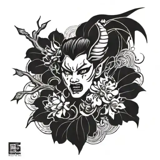 sakura flower with angry devil woman tattoo design idea