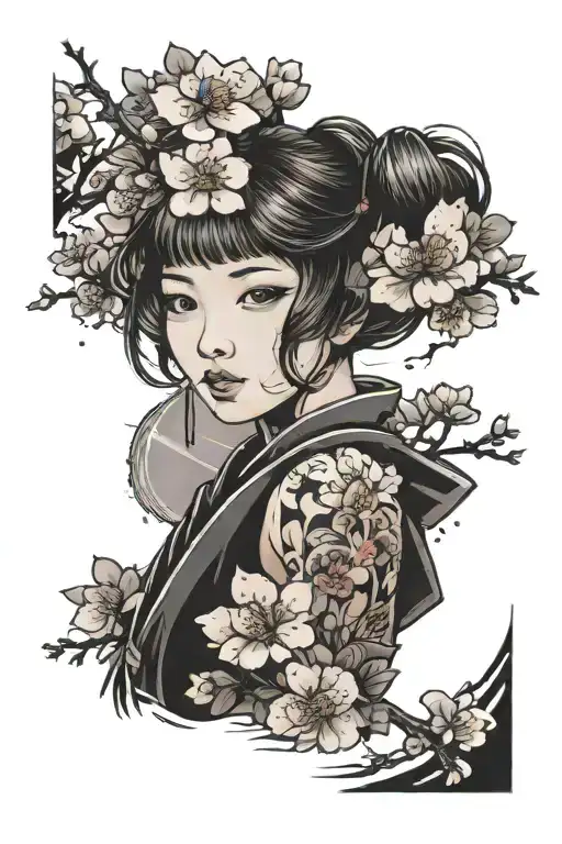 sakura flowers and woman with glavie tattoo design idea