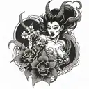 sakura flower with angry devil woman tattoo design idea