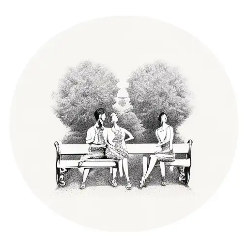 four people sitting in a park bench tattoo design idea