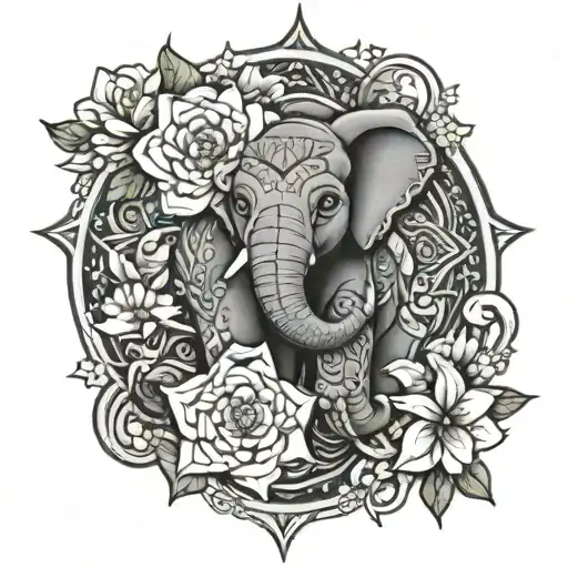 Jasmine, lotus flower mandala with an elephant head and a shield arm sleeve tattoo on the left hand  tattoo design idea