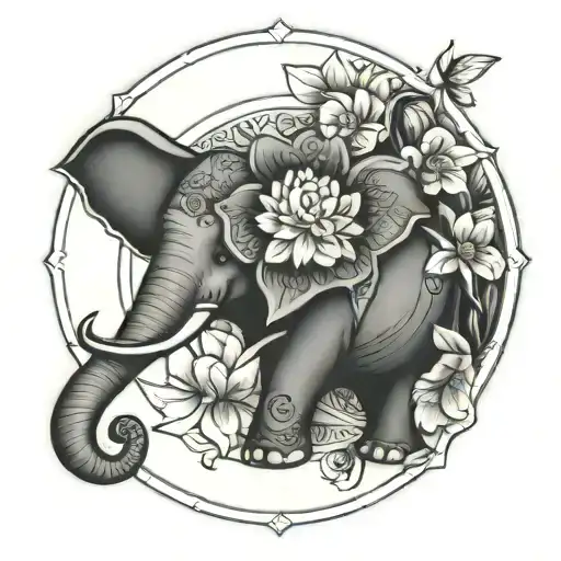 Jasmine, lotus flower mandala with an elephant and a shield arm sleeve tattoo tattoo design idea