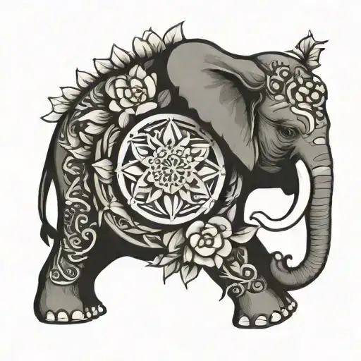 Jasmine, lotus flower mandala with an elephant head and a shield arm sleeve tattoo tattoo design idea