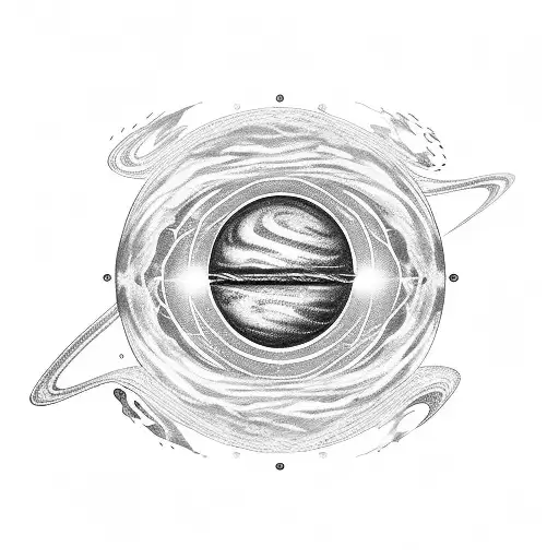 oval galaxy, gargantua like black hole in the middle and planets on the edges tattoo design idea