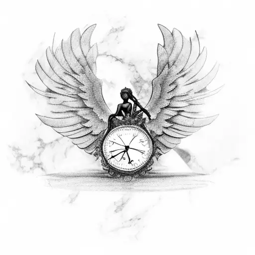 marble angel with clock reading 5:17 tattoo design idea