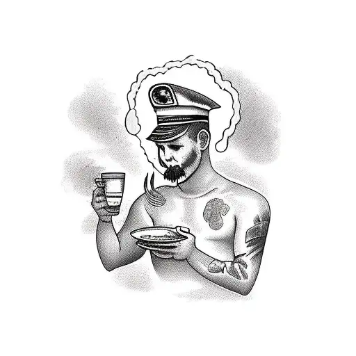 Old seaman and young boy eating supper tattoo design idea