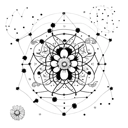A minimalist tattoo design of a constellation of Aries stars with tiny daisy and sweetpea flowers scattered throughout, representing your connection to the cosmos and nature tattoo design idea
