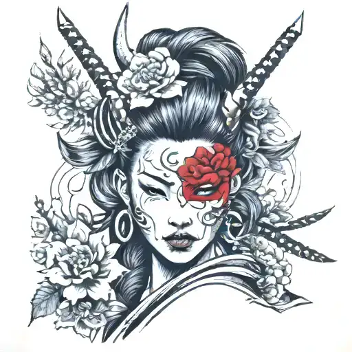 beautifull girl with oni mask and katanas flowers growing tattoo design idea