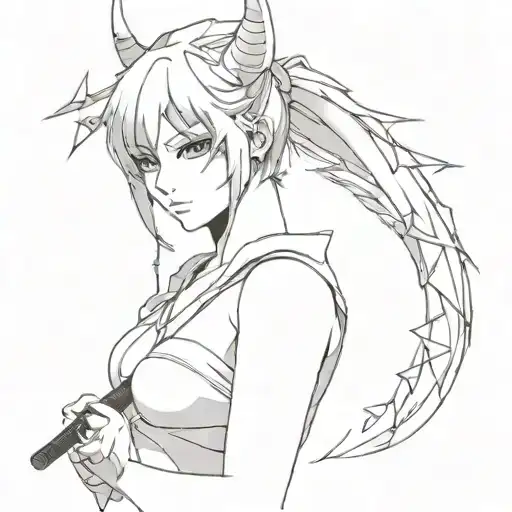 beautifull anime girl with oni mask and bloody katana in hand tattoo design idea