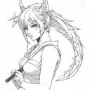 beautifull anime girl with oni mask and bloody katana in hand tattoo design idea