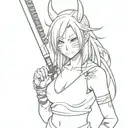 beautifull anime girl with oni mask and bloody katana in hand tattoo design idea